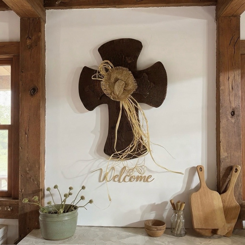 Rustic Brown Wooden Cross with Burlap Flower